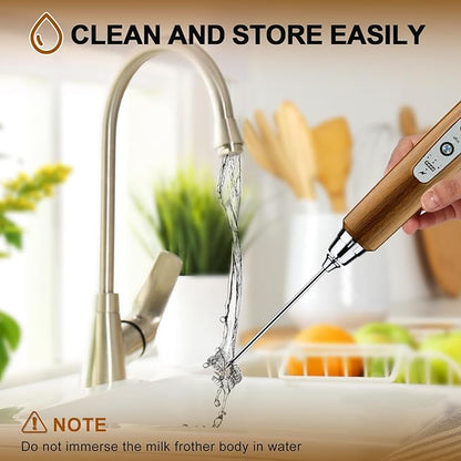 YUSWKO Wood Grain Handheld Milk Frother Wand for Coffee, Rechargeable Electric Whisk with 3 Heads 3 Speeds Drink Mixer Coffee Frother For Latte, Cappuccino, Hot Chocolate, Egg