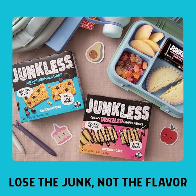 JUNKLESS Chewy Granola Bars Twin Pack – Chocolate Chip & Drizzled Birthday Cake (12 Bars)–Less Sugar, Non-GMO, Gluten-Free, Wholesome Snack Bars for Kids & Adults, 2 Boxes
