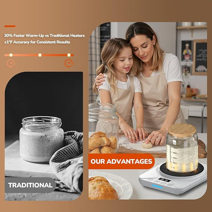 Sourdough Starter Warmer Mat - 24H Timer - Precise 1°F Thermostat Control (70-100°F) - Smart Memory Warming On/Off - Fits Jars Up to 40oz - Perfect for Home Baking (White)