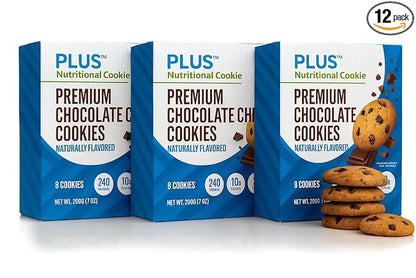 Plus Nutritional Cookies – Premium Chocolate Chip | 24 Vitamins & Minerals, 10g Protein, 2g Fiber | Soft-Baked Complete Nutrition Cookie for Adults | Meal Replacement Snack | 12 Servings (24 Cookies)