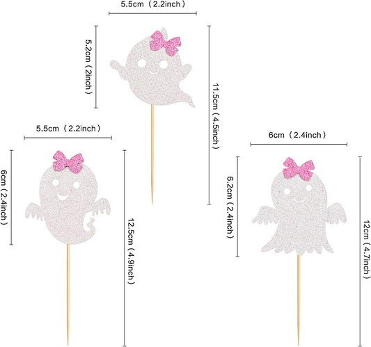 24Pcs Ghost Cupcake Toppers - Pink & White Halloween, Baby Shower, Ghost & Gender Reveal Decorations