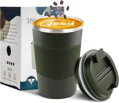 YINBAOGE Insulated Travel Coffee Mug Spill Proof Leak Proof Pobtable To Go Camping Stainless Steel Coffee Tumbler Reusable Coffee Cups with Lids Thermos for Hot and Cold Drink (Green, 12 OZ)