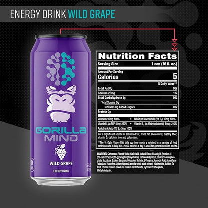 Gorilla Mind Energy Drink | Unmatched Energy · Amplified Focus | N-Acetyl-L-Tyrosine, Alpha-GPC, 200mg Caffeine, Uridine, Saffron | 0 Sugar Or Artificial Colors | 16oz, 12-Pack (Wild Grape)