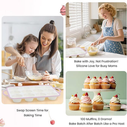 Silicone Muffin Pans for Baking 2 Pack, 2.6 Inch with Metal Reinforced Frame, Regular Size Nonstick Silicone Cupcake Pan for Baking Homemade Muffins, Cupcakes, Dishwasher Safe BPA Free-Pink
