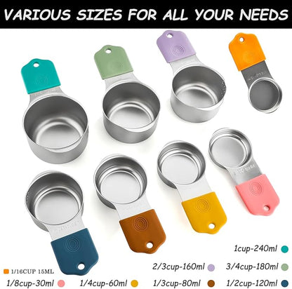 Magnetic Measuring Cups and Spoons Set Including 8 Stainless Steel Stackable Magnetic Measuring Cup 8 Magnetic Measuring Spoon with Leveler for Dry Liquid Ingredient