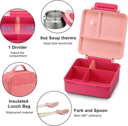 Bento Lunch Box for Kids with 8oz Soup Thermo&Lunch Bag, Leak-Proof Lunch Food Containers with 4 Compartment, Hot Food Insulated Food Jar for Kids School (Pink)