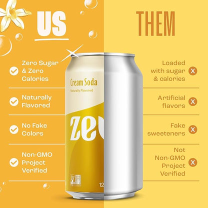 Zevia Zero Sugar Soda, Cream Soda, 12 oz Cans (24-Pack) – Naturally Sweetened, Non-GMO Project Verified, Gluten-Free, Vegan