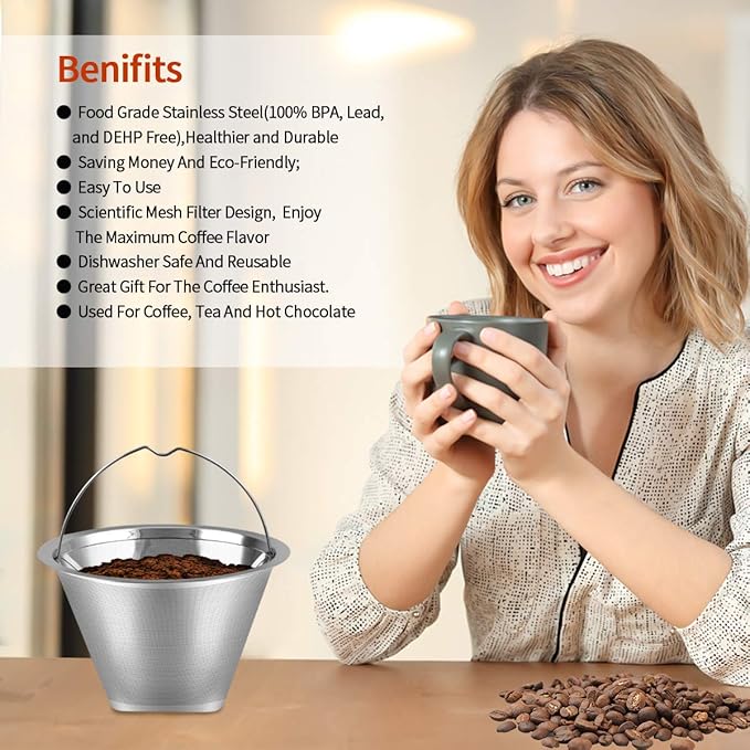 #4 Reusable Permanent Cone Coffee Filters, 8~12 Cup Size 4 Coffee Filters, Perfect Fit for Cuisinart Hamilton Beach Coffee Maker Filter, Replace Cuisinart GTF Gold Tone Coffee Filters
