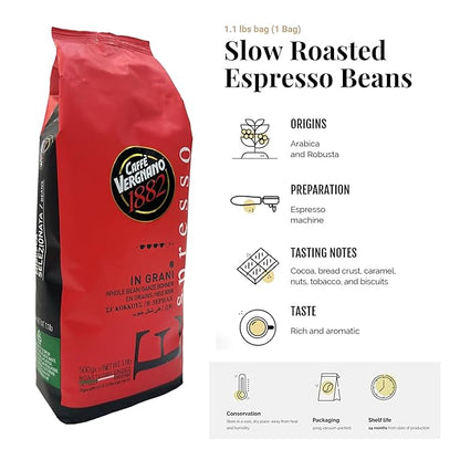 Caffe Vergnano 1882 Espresso Whole Bean Arabica Roast Coffee, 1.1 lb bag - Italian Medium Roast Coffee Beans with notes of Chocolate, Nuts & Caramel, Intensity 7/10-500g Bag
