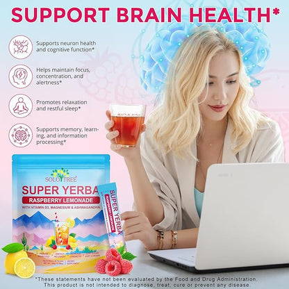 Yerba Mate Instant Tea Powder -Super Yerba Mate 30 Servings with Vitamin D3, Magnesium & Ashwagandha | Energy, Focus & Digestive Health | Low Sugar