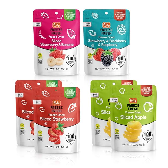 Pol’s Freeze Fresh - 6 Pack Freeze-Dried Fruit Mix – 2x Strawberry, 2x Apple, 1x Strawberry-Banana, 1x Berry Mix (1 Oz Each), No Sugar, Non-GMO, Kosher, Vegan, Gluten-Free
