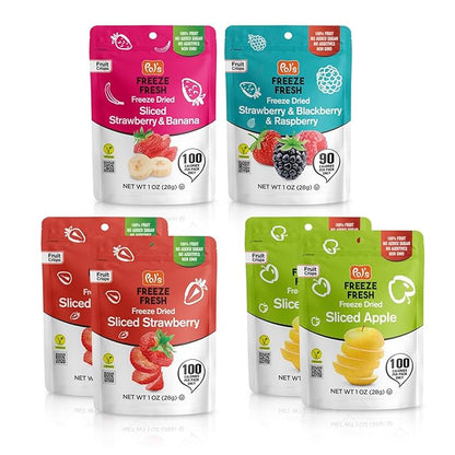 Pol’s Freeze Fresh - 6 Pack Freeze-Dried Fruit Mix – 2x Strawberry, 2x Apple, 1x Strawberry-Banana, 1x Berry Mix (1 Oz Each), No Sugar, Non-GMO, Kosher, Vegan, Gluten-Free