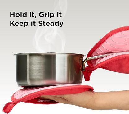 Kitchen Mama Silicone Pot Holders - Heat Resistant, Non-Slip Surface, Dual Pocket Design with Soft Cotton Lining, Safe, Durable, Stylish, Practical for Everyday Use Hot Oven, Bowl, Pan (Metal Gray)