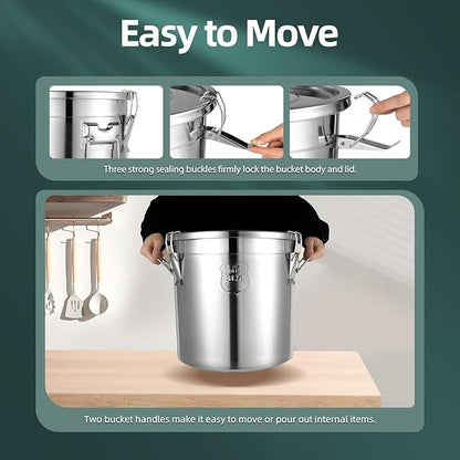 PERFERATE 304 Stainless Steel Airtight Canister 6L/12L Food Storage Bucket with Lids and Sturdy Locking Clamp Metal Cereal Rice Storage Container for Flour, Coffee Bean, Sugar, Cookie (21L)