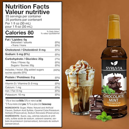 Syruvia Chocolate Mint Coffee Syrup - 25.4 fl oz - Kosher Coffee Syrups, Gluten Free, No Coloring, Perfect for Drinks, Soda, Shakes, Desserts, and More.