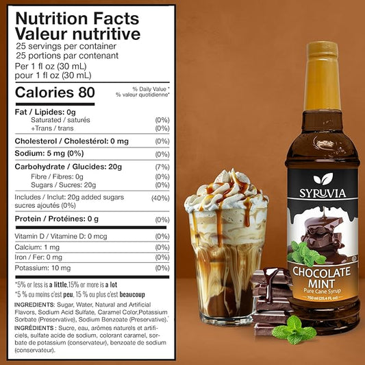 Syruvia Chocolate Mint Coffee Syrup - 25.4 fl oz - Kosher Coffee Syrups, Gluten Free, No Coloring, Perfect for Drinks, Soda, Shakes, Desserts, and More.