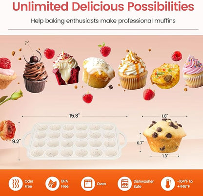 Silicone Mini Muffin Pan With Metal Reinforced Frame - 24 Cups Durable Silicone Cupcake Pan for Muffin, Cupcakes, BPA Free and Dishwasher Safe - 1 Piece Beige with Rainbow Spots
