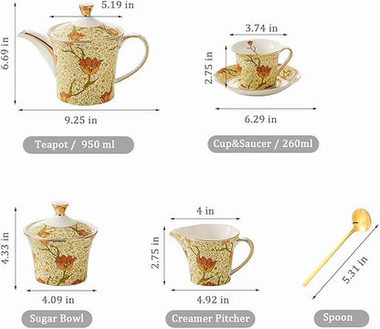 ACMLIFE Tea Set for Adults- Fine China Tea Set for 6, 21-Piece Vintage British Coffee Set English Porcelain Tea Pot Sets for Adult Tea Party for Women Gift (Tulip Yellow, Extra Large 21)