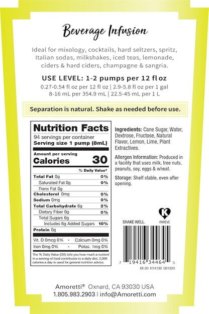 Amoretti - Lemon Lime Beverage Infusion - Drink Mix & Water Enhancer with Pump for Flavoring Cocktails, Waters, Teas, and other Beverages, Preservative Free