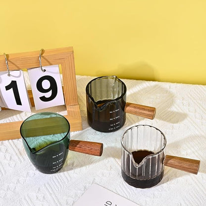 Glass Measuring Cup, 3oz Espresso Shot Glass with Wood Handle, Single Spout Clear Measuring Cups Pitcher Milk Cup Coffee Shot Glasses (Transparent Ribbed)