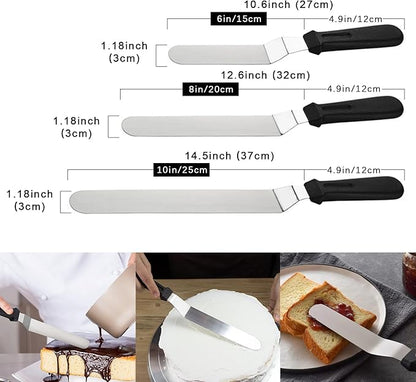 Offset Spatula Set with Pink Cake Scrapers, 3 Pack Angled Frosting Spatulas (6, 8, 10 inch) & 3 Cake Smoother Scrapers, Stainless Steel Icing Spatula for Cake Decorating, Baking & Pastry