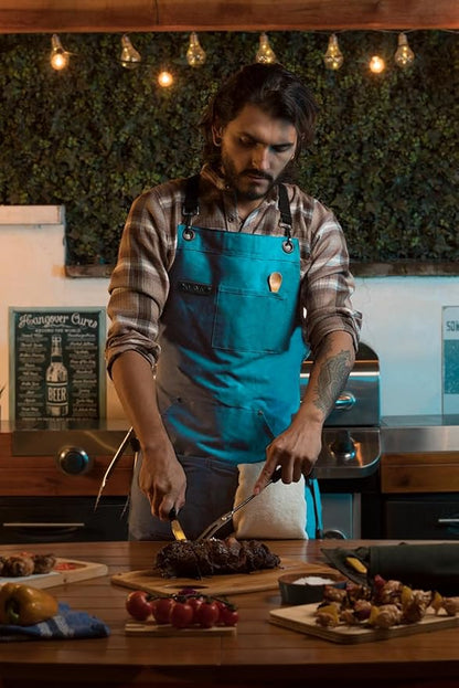 Asaya Chef and BBQ Apron with Bottle Opener and Hand Towel - 10oz Cotton Canvas, Stainless Steel Hardware - Cross Back Straps