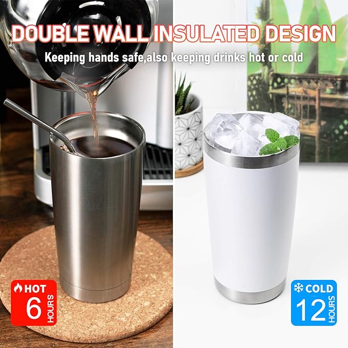 COMOOO 20oz Tumbler 8 Pack Double Wall Vacuum Insulated Travel Mug, Stainless Steel Tumbler with Lid and Straw Durable Powder Coated Insulated Coffee Cup for Cold & Hot Drinks,army green, 8 pack