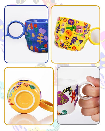 Ceramic Mini Espresso Cups Set of 2 – 3 oz Double Espresso Coffee Cups with Q Handle, Yellolw Floral and fruit Pattern, Small Espresso Shot Cups for Home Coffee Bar,Lungo