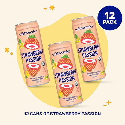 wildwonder Sparkling Probiotic Drink 12pk, For Gut Health & Immune Support, Strawberry Passion, 5g Prebiotic Fiber, Live Probiotics, Organic, Vegan, Low Sugar, 12 Pack, 12oz Can, As Seen on Shark Tank
