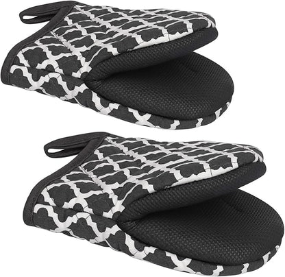 1 Pair Short Oven Mitts, Heat Resistant Silicone Kitchen Mini Oven Mitts for 500 Degrees, Non-Slip Grip Surfaces and Hanging Loop Gloves, Baking Grilling Barbecue Microwave Machine Washable