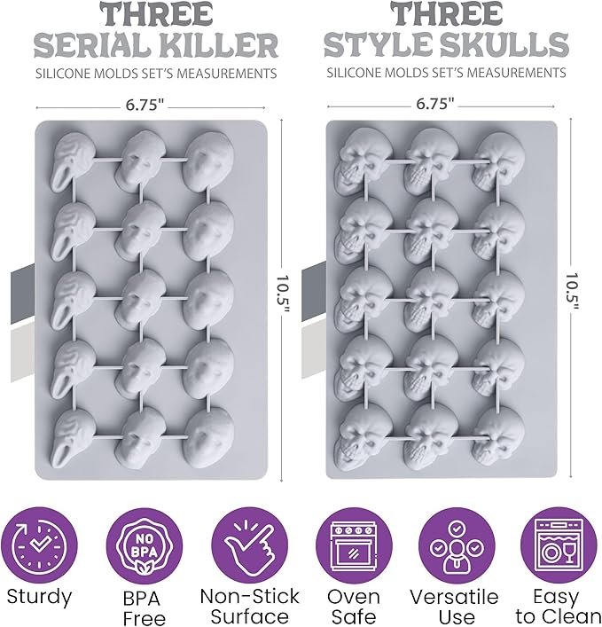 ShapedIceMolds Horror Movie Character Molds – Halloween Silicone Molds for Chocolate, Candy, Soap, Fondant, Resin, Crafts – 3D Creepy Scary Film Icons for Party Treats & DIY Decor (Gray)