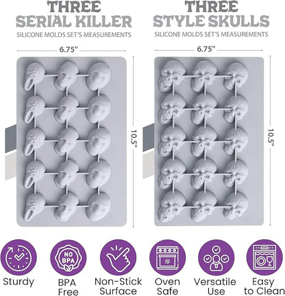 ShapedIceMolds Horror Movie Character Molds – Halloween Silicone Molds for Chocolate, Candy, Soap, Fondant, Resin, Crafts – 3D Creepy Scary Film Icons for Party Treats & DIY Decor (Gray)