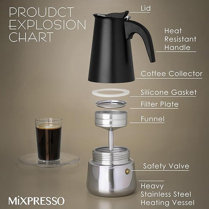 Mixpresso Black 9 Cup Greca Stovetop Espresso Pot 450ml/15oz, Moka Pot with Coffee Percolator Design, Stainless Steel Stove Top Coffee Maker for Camping or Home Use,Italian Stovetop Espresso Maker
