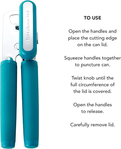 KitchenAid Classic Multifunction Can Opener and Bottle Opener Easy to Use, Razor Sharp Stainless Steel Cutting Wheel, Soft Ergonomic Handles, Ocean Drive