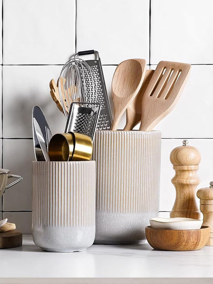 LE TAUCI Utensil Holder, 7.3"+5.4" Ceramic Kitchen Utensil Holder for Countertop, Large Cooking Utensil Crocks for Kitchen Counter, Morden Utensil Organizer for Spatula, Set of 2, Glaze Marble Gray
