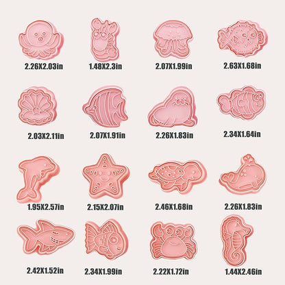 16Pcs Ocean Animal Cookie Cutters with Plunger Stamps Set, Fish, Dolphin, Starfish Plastic Biscuit Cutters, Sea Themed DIY Embossing Cutter for Biscuit Cookie Fondant Cheese Baking (F16)