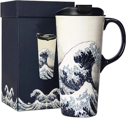 Topadorn Ceramic Travel Mug Porcelain Coffee Cup with Spill-proof Lid and Box, 17 Oz.
