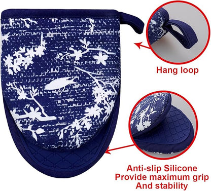 Mini Silicone Oven Mitts, Heat and Slip Resistant Kitchen Gloves 2-Pack Set, Birds Flower Soft Short Oven Mittens, Flexible Thick Pot Holders for Safe Cooking Baking and Grilling (Navy)