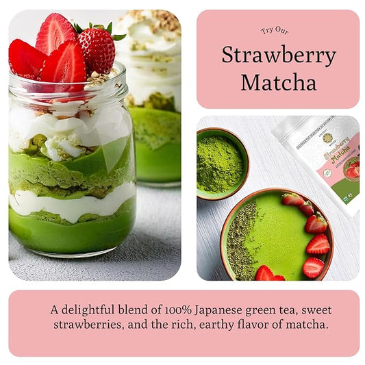 Ancient Roots Strawberry Matcha Powder 3.5 oz Japanese Green Tea with Real Strawberry Freeze Dried Fruit Powder No Added Sugar, Filled with Antioxidant Rich Superfood for Lattes, Smoothies & Baking - 25 Servings