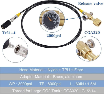 Co2 Tank Cylinder Direct Adapter (Gauge and Bleed Valve), CGA320 to TR21-4 Soda Machine Adapter with 60in High-Pressure Hose, Compatible for Soda Maker, Adapte to fizze/one touch/jet