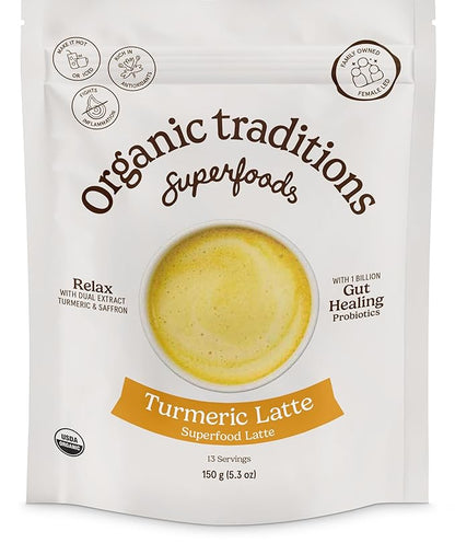 Organic Traditions Turmeric Latte – Creamy Coconut Milk Base – Saffron & Turmeric Blend – Easy to Mix – Sweetened with Coconut Palm Sugar – 1 Billion Probiotics per Serving - 150g/5.3oz Bag