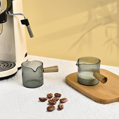 Glass Measuring Cup, 4oz Espresso Shot Glass with Wood Handle, Double Spouts Measuring Triple Pitcher Milk Cup for Coffee Tea (Gray Ribbed）