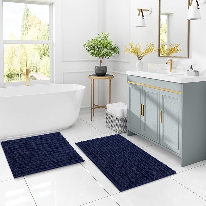 Arotive Luxury Chenille Bathroom Rug Mat, Extra Soft Thick Absorbent Shaggy Bath Rugs, Non-Slip Machine Wash Dry, Plush Bath Mats for Bathroom, Shower and Tub, 44x32, Navy