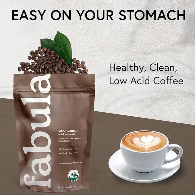 Fabula Low Acid Coffee Beans Whole, USDA Organic Coffee Beans Medium Roast - Non-GMO - No Molds - Mycotoxins Pesticides Free - Single Origin - 12 oz