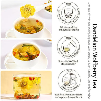 Dandelion Wolfberry Tea - Kidneys & Liver Health Tea, Seven Herbal Ingredients Natural Blend, Dandelion Chinese Wolfberry Tea Bags Organic 120g/12PC (1Bag(12Pcs))