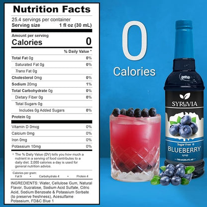 Syruvia Sugar-Free Blueberry Syrup, Flavored Syrup for Drinks, Cocktails, Lemonades, Iced Teas, and Desserts – 25.4 fl oz