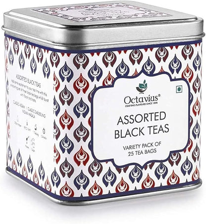 Octavius Tea Variety Pack | 3 Assorted Black Teas – Indian Masala, Darjeeling & English Breakfast | Strong CTC Tea for Milk | 25 Tea Bags Each | Pack of 6 | Rich & Malty Flavor