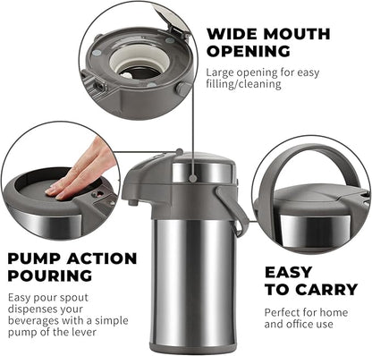 OJOJ 3L/101OZ Thermal Coffee Carafe with Pump, Thermal Beverage Dispenser, Coffee Airpot Stainless Steel Coffee Carafe for Hot Drinks Silver