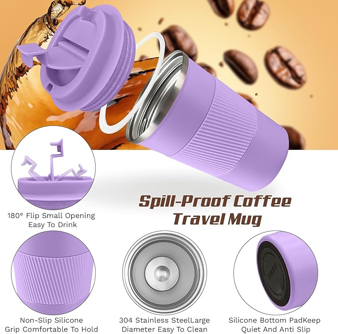 Vacuum-Insulated Stainless Steel Travel Coffee Mug, Leak-Proof Reusable Coffee Cup with Lid - Keep Hot & Cold Drinks for Hours, Durable Thermos Tumbler for Men & Women (3rd-Purple, 12OZ)
