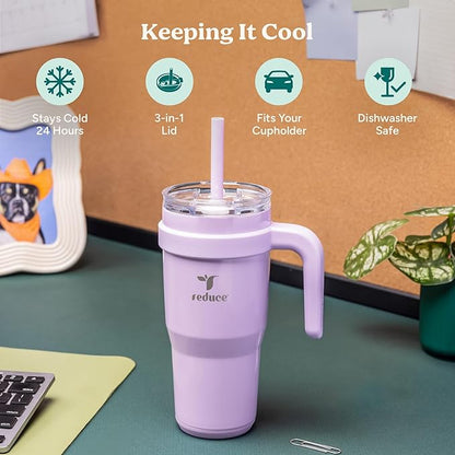 REDUCE 24 oz Stainless Steel Tumbler with Handle - Dual-Wall Vacuum Insulated Travel Mug, Sweat-Proof Lid & Reusable Straw - Keeps Drinks Cold for 24 Hrs, Fits Cupholders, Dishwasher Safe - Sand